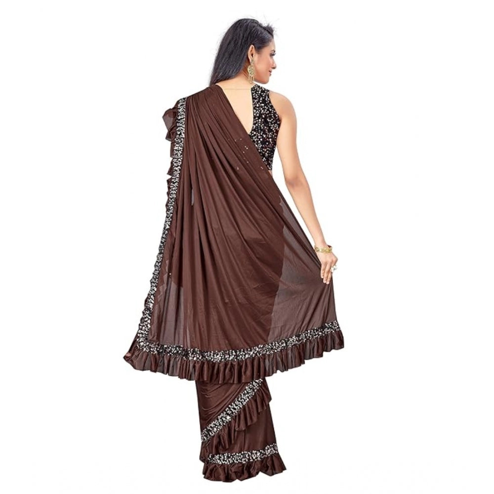 Vaystra Lycra Solid Saree With Unstitched Blouse – Brown