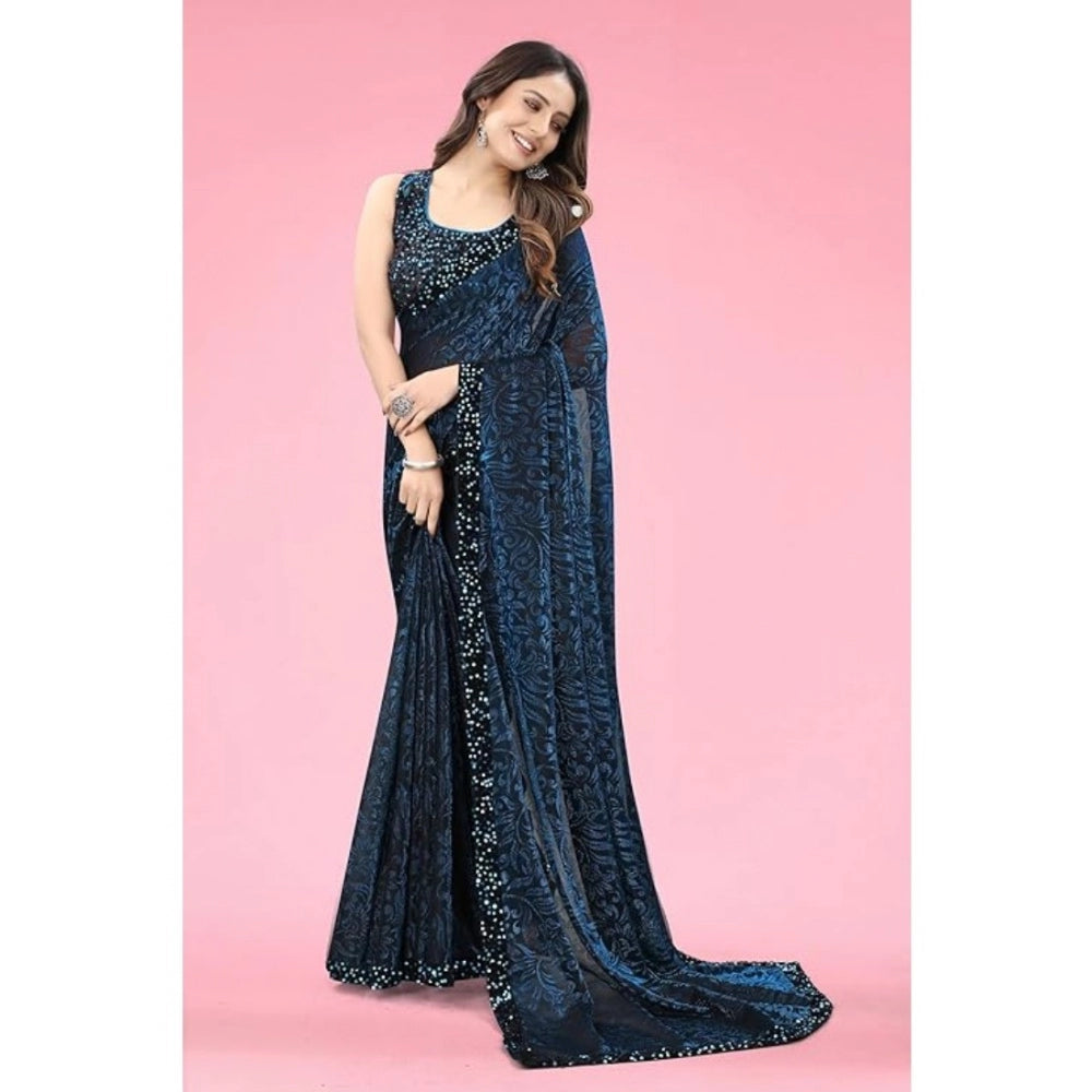 Vaystra Lycra Floral Saree With Unstitched Blouse – Blue