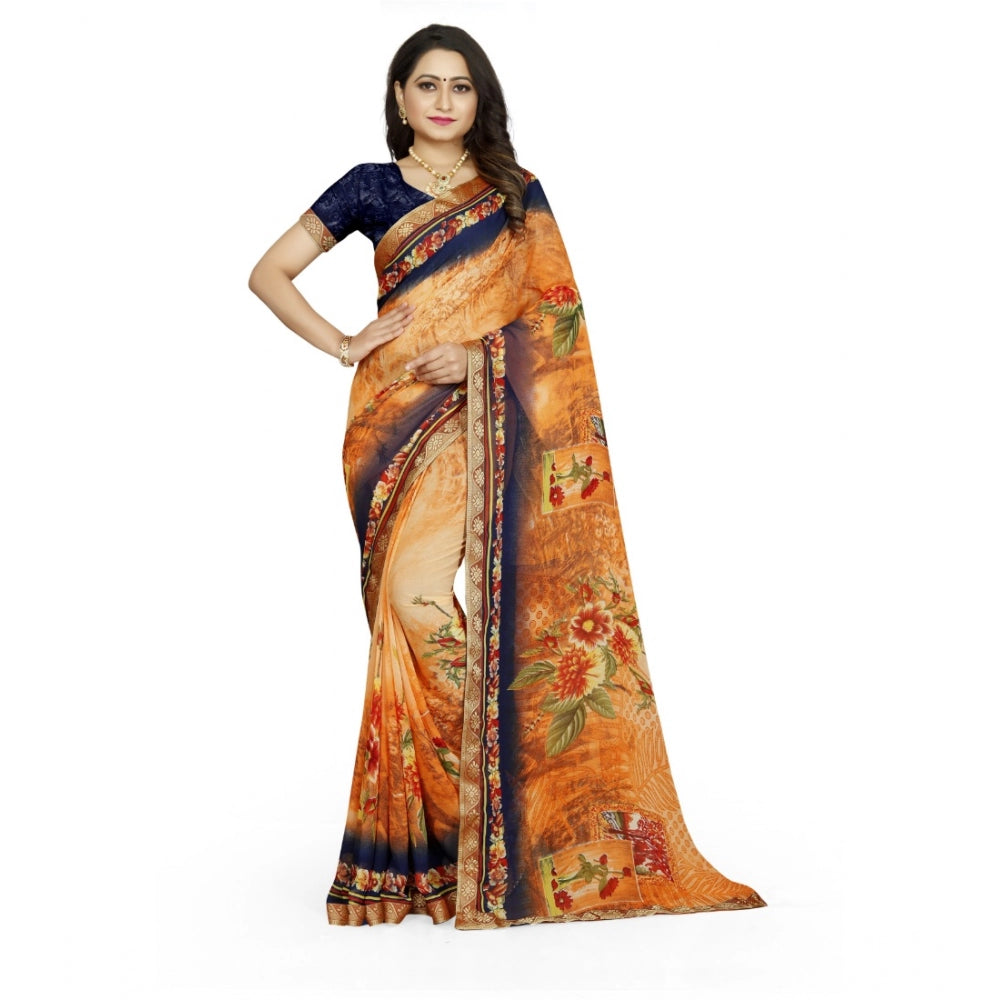 Vaystra Georgette Floral Print Saree With Unstitched Blouse 5.5Mtr – Blue-Orange