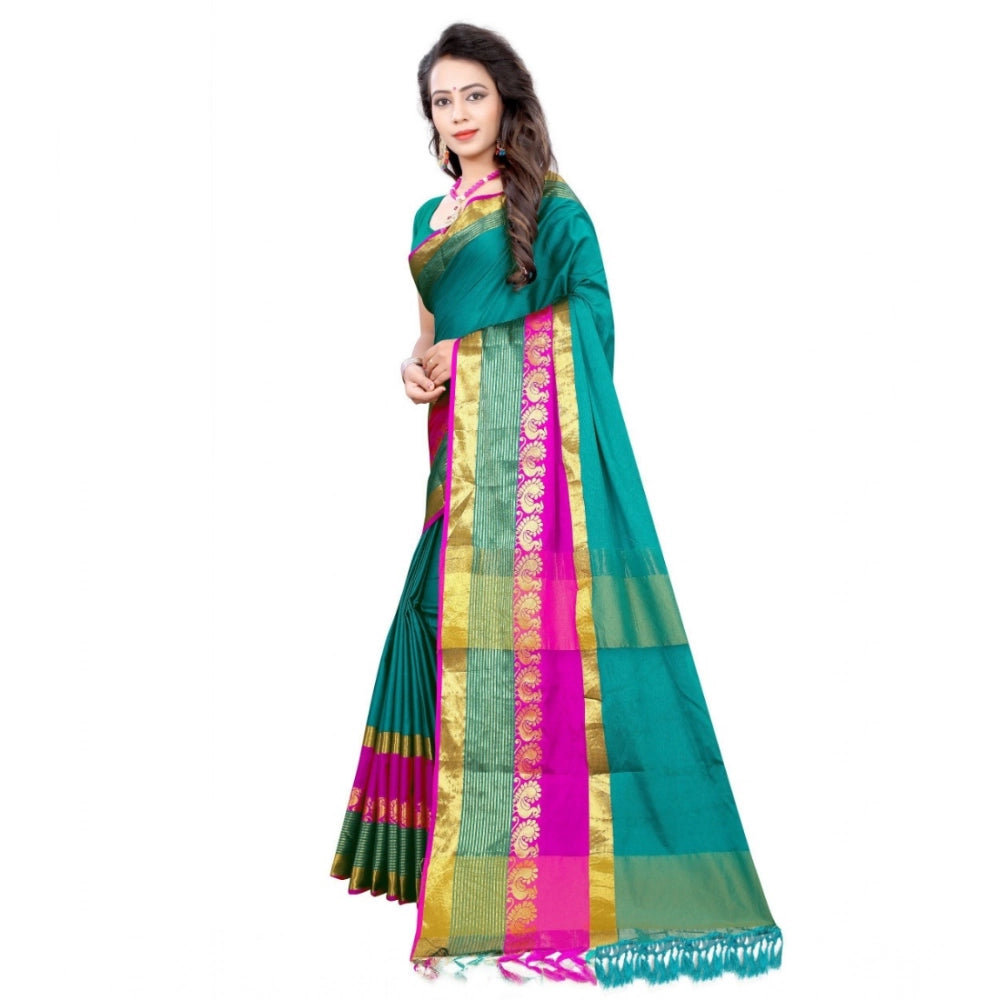 Vaystra Jacquard Woven Saree With Unstitched Blouse 5.5Mtr – Dark Green
