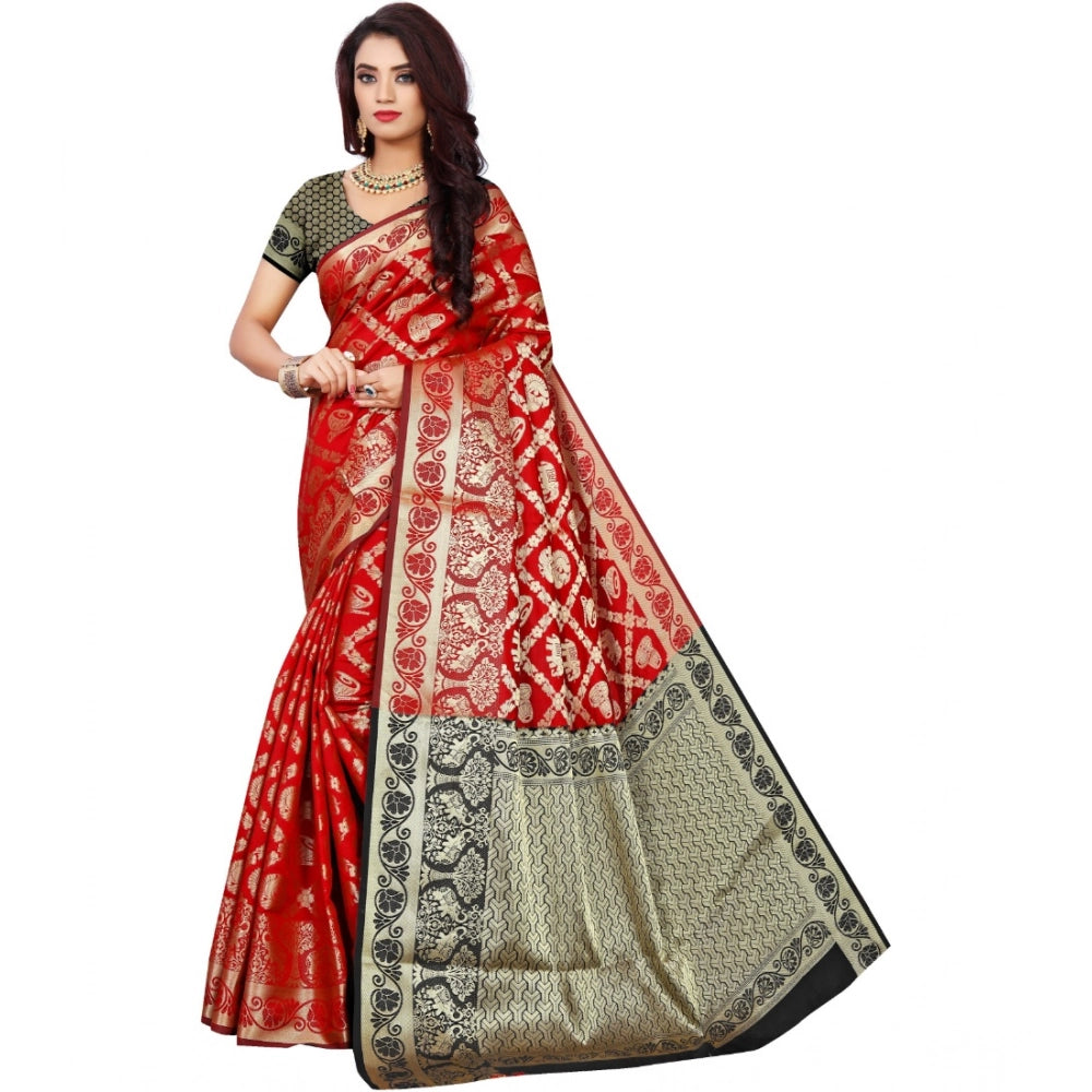 Vaystra Jacquard Woven Saree With Unstitched Blouse 5.5Mtr – Red