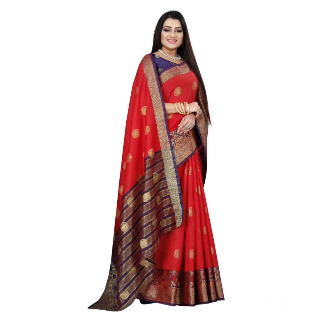 Vaystra Silk Blend Woven Saree With Unstitched Blouse 5.5Mtr – Red-Blue