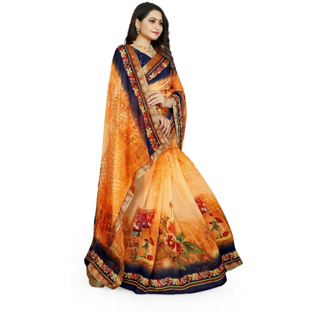 Vaystra Georgette Floral Print Saree With Unstitched Blouse 5.5Mtr – Blue-Orange