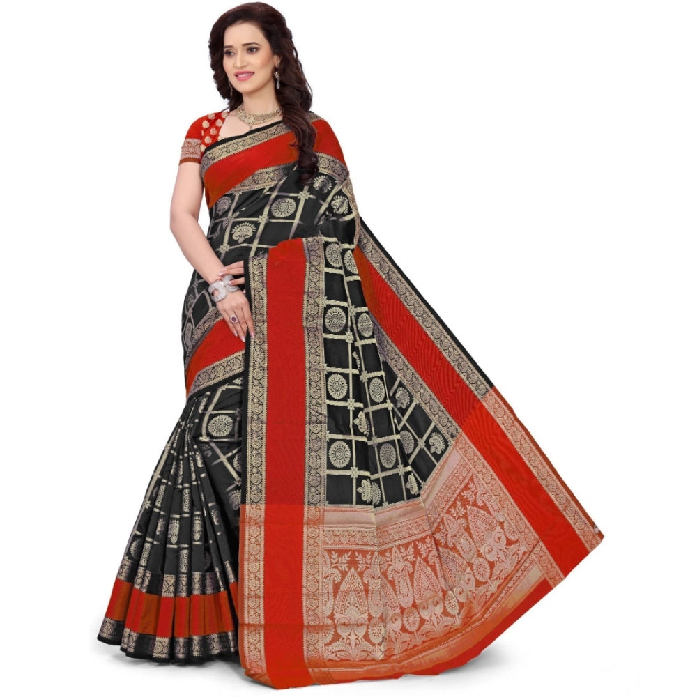 Vaystra Jacquard Woven Saree With Unstitched Blouse 5.5Mtr – Red-Black