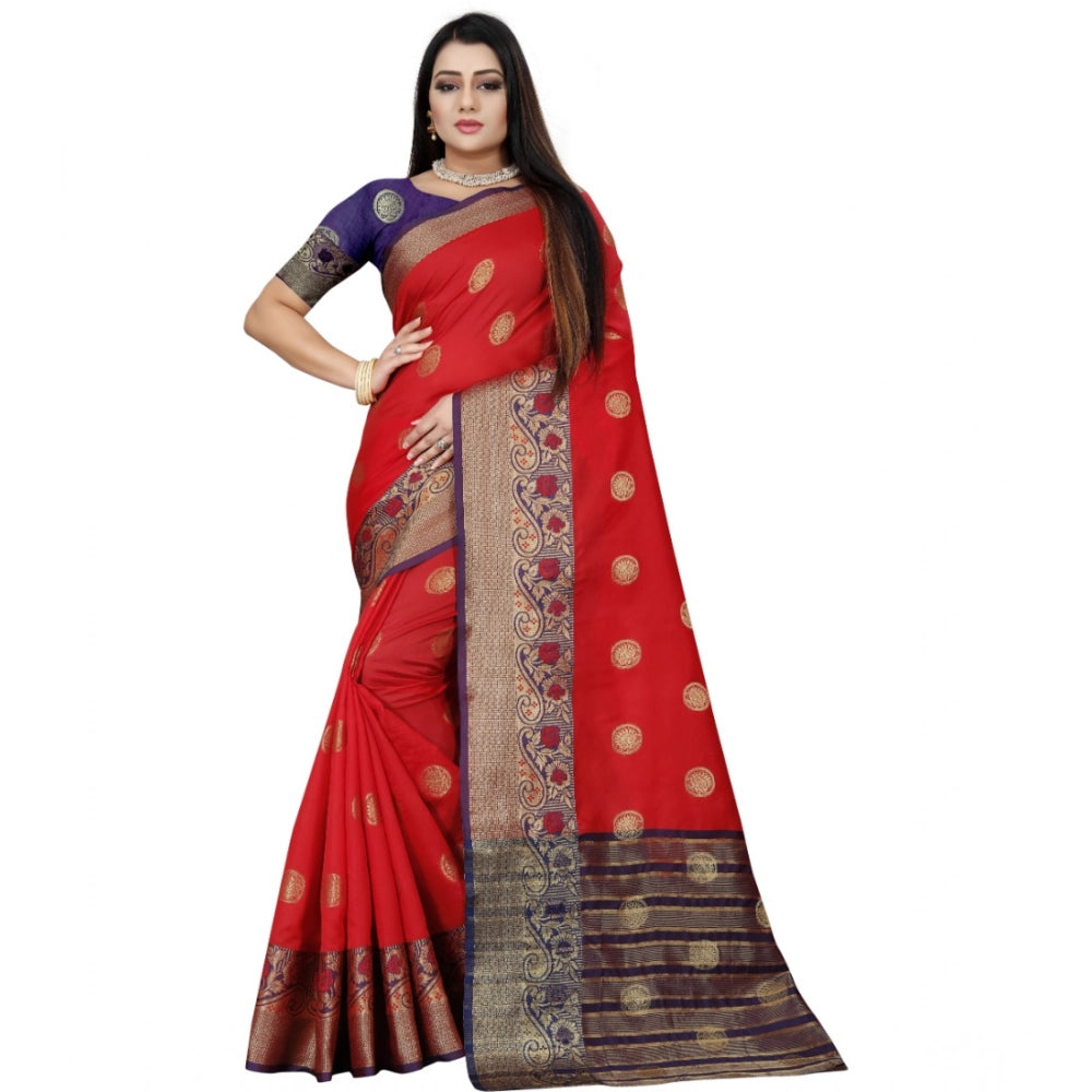 Vaystra Silk Blend Woven Saree With Unstitched Blouse 5.5Mtr – Red-Blue