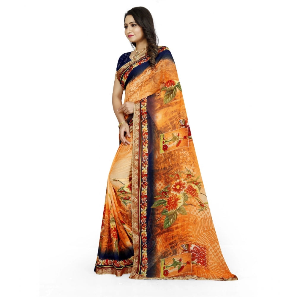Vaystra Georgette Floral Print Saree With Unstitched Blouse 5.5Mtr – Blue-Orange