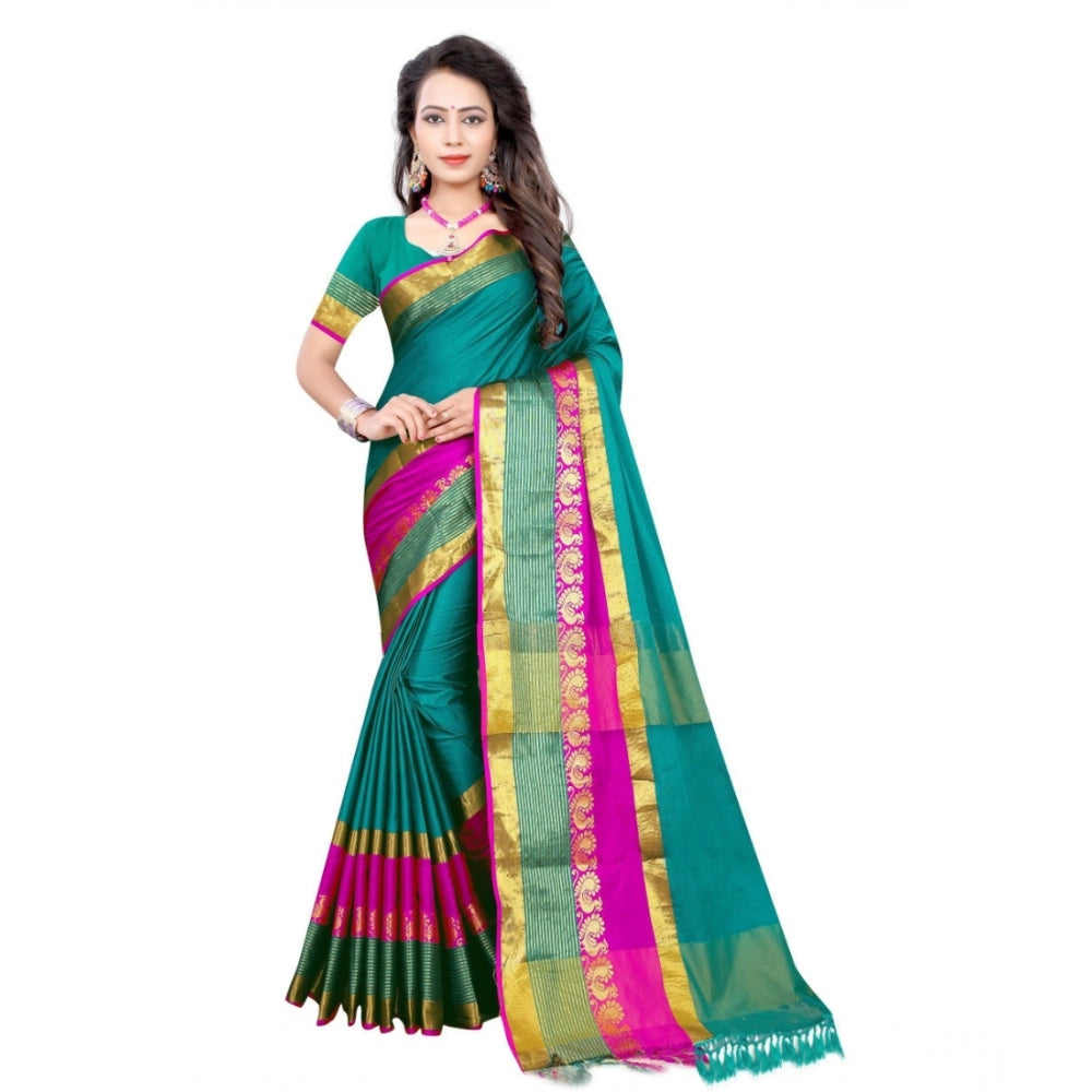 Vaystra Jacquard Woven Saree With Unstitched Blouse 5.5Mtr – Dark Green