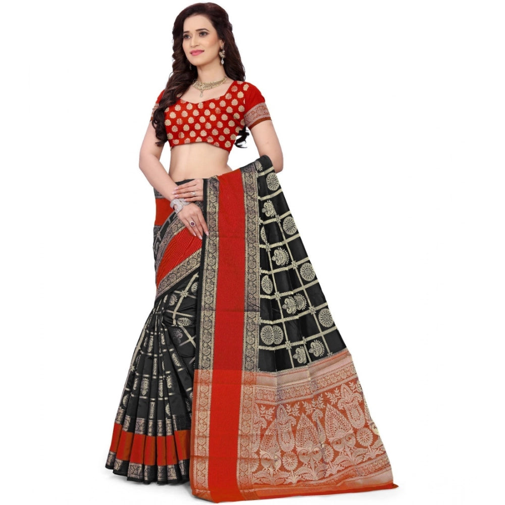 Vaystra Jacquard Woven Saree With Unstitched Blouse 5.5Mtr – Red-Black