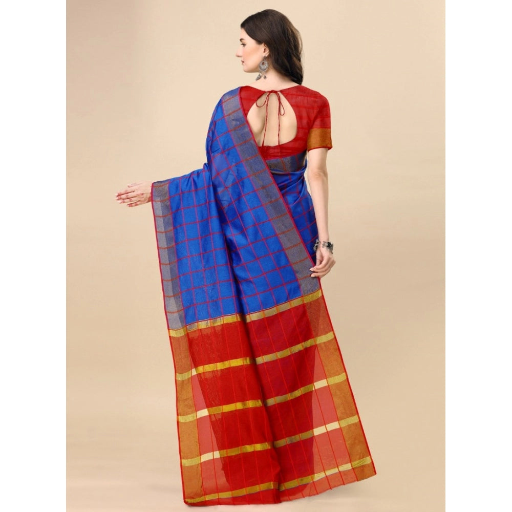 Vaystra Cotton Silk Checkered Saree With Unstitched Blouse 5.5Mtr – Blue