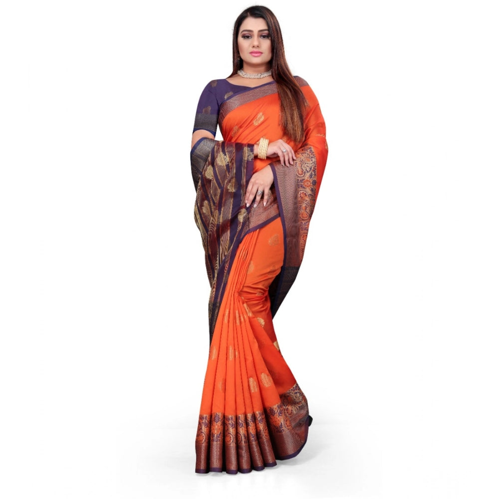 Vaystra Silk Blend Woven Saree With Unstitched Blouse 5.5Mtr – Orange