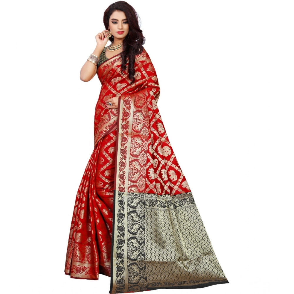 Vaystra Jacquard Woven Saree With Unstitched Blouse 5.5Mtr – Red