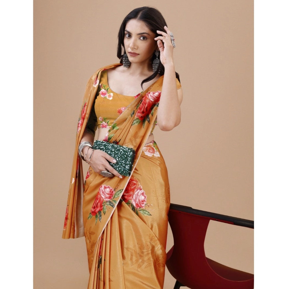 Vaystra Crepe Digital Print Saree With Unstitched Blouse 5.5Mtr – Mustard