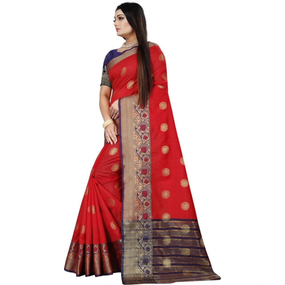 Vaystra Silk Blend Woven Saree With Unstitched Blouse 5.5Mtr – Red-Blue