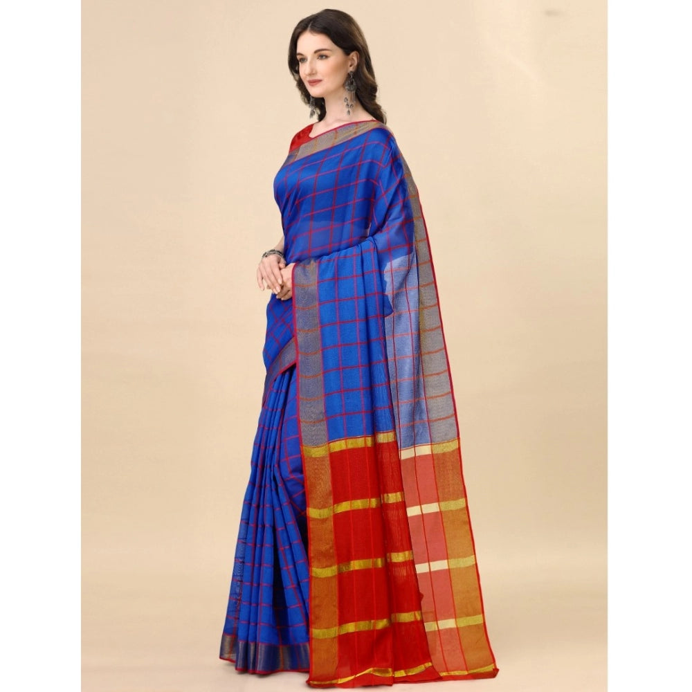 Vaystra Cotton Silk Checkered Saree With Unstitched Blouse 5.5Mtr – Blue