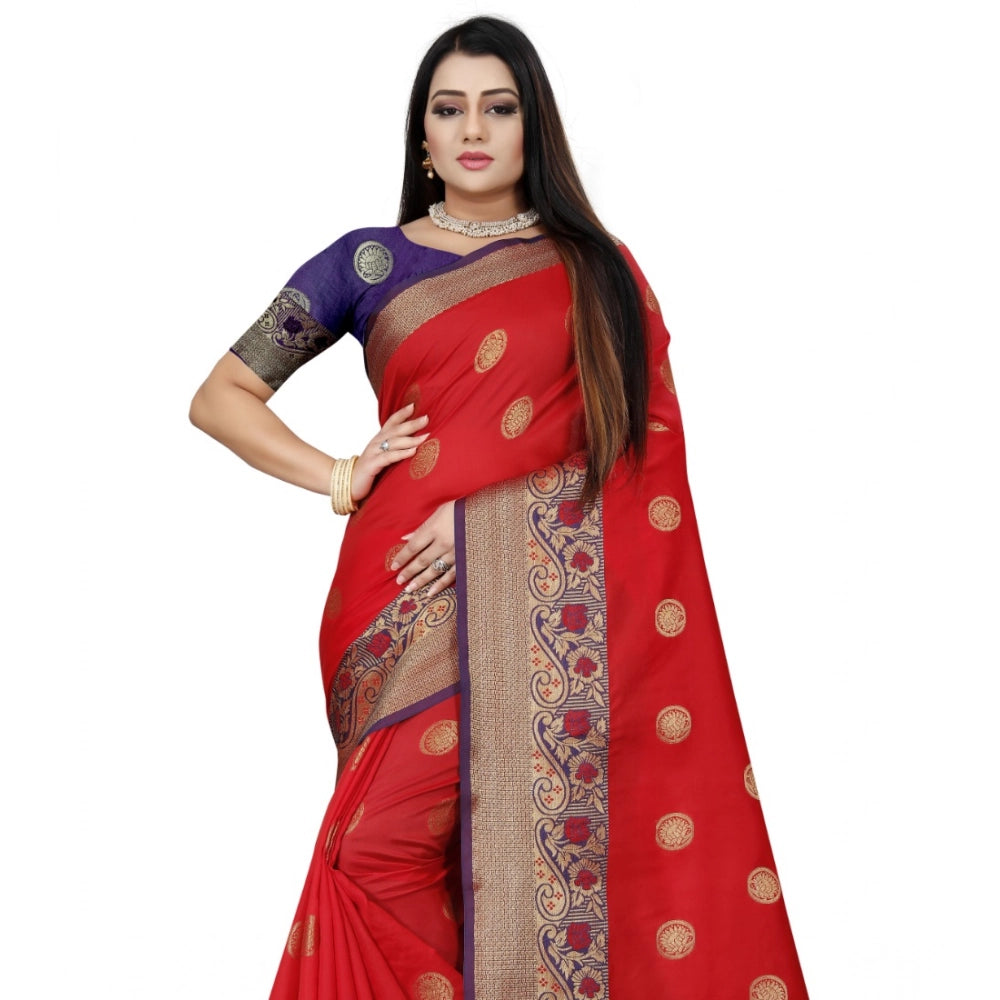 Vaystra Silk Blend Woven Saree With Unstitched Blouse 5.5Mtr – Red-Blue