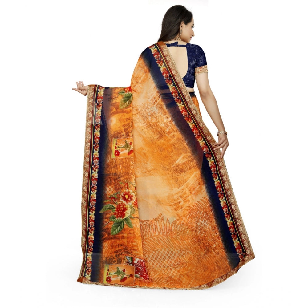 Vaystra Georgette Floral Print Saree With Unstitched Blouse 5.5Mtr – Blue-Orange
