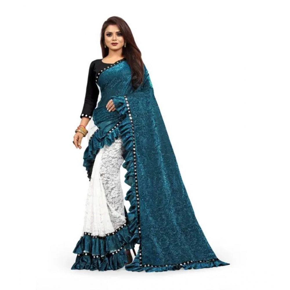 Vaystra Silk With Mirror Lace Solid Saree With Unstitched Blouse – Rama