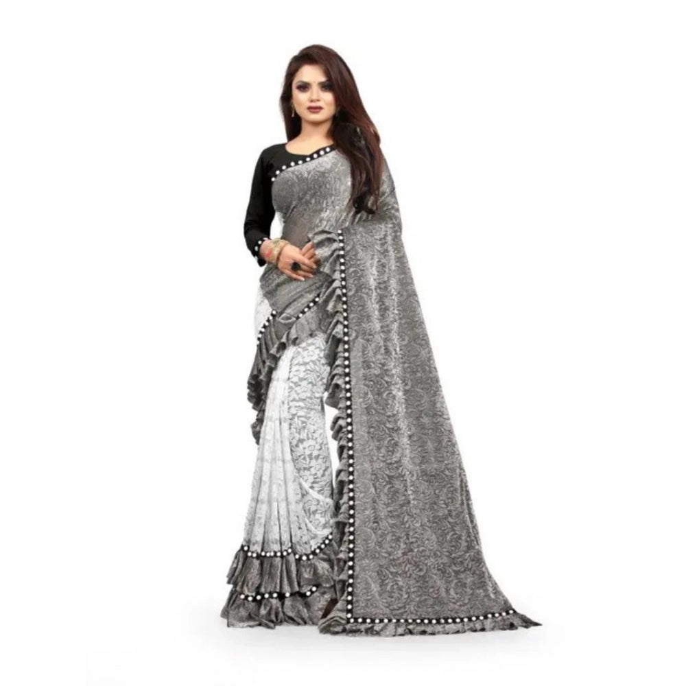 Vaystra Silk With Mirror Lace Solid Saree With Unstitched Blouse – Grey