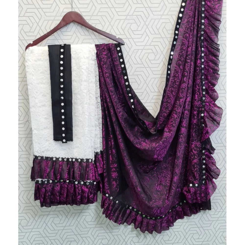 Vaystra Silk With Mirror Lace Solid Saree With Unstitched Blouse – Pink