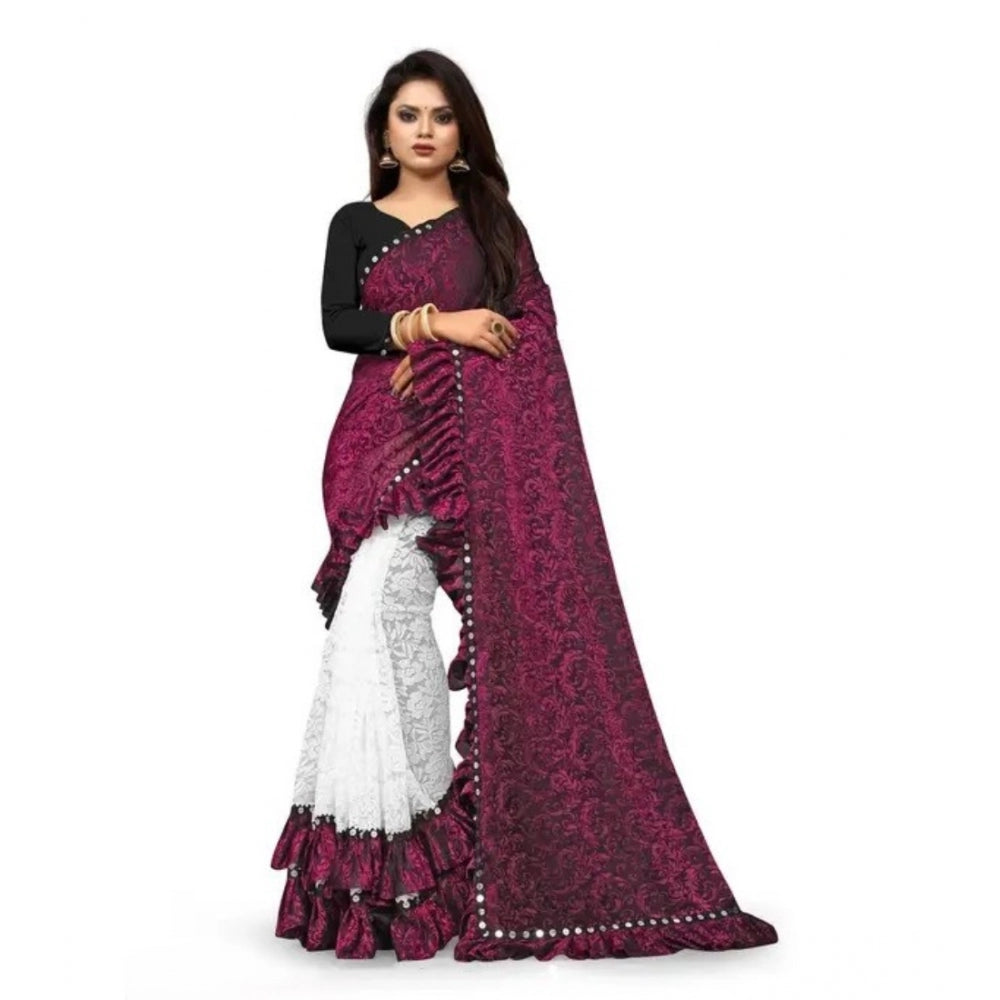 Vaystra Silk With Mirror Lace Solid Saree With Unstitched Blouse – Pink