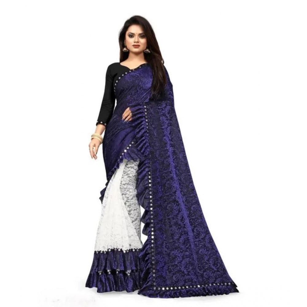 Vaystra Silk With Mirror Lace Solid Saree With Unstitched Blouse – Blue