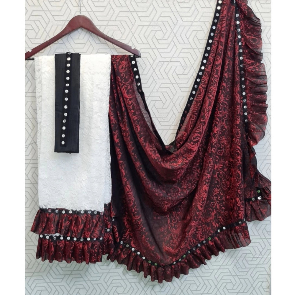 Vaystra Silk With Mirror Lace Solid Saree With Unstitched Blouse – Red
