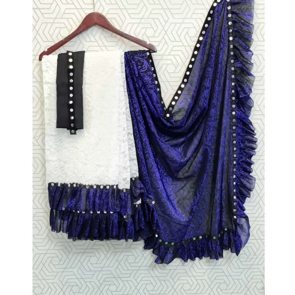 Vaystra Silk With Mirror Lace Solid Saree With Unstitched Blouse – Blue