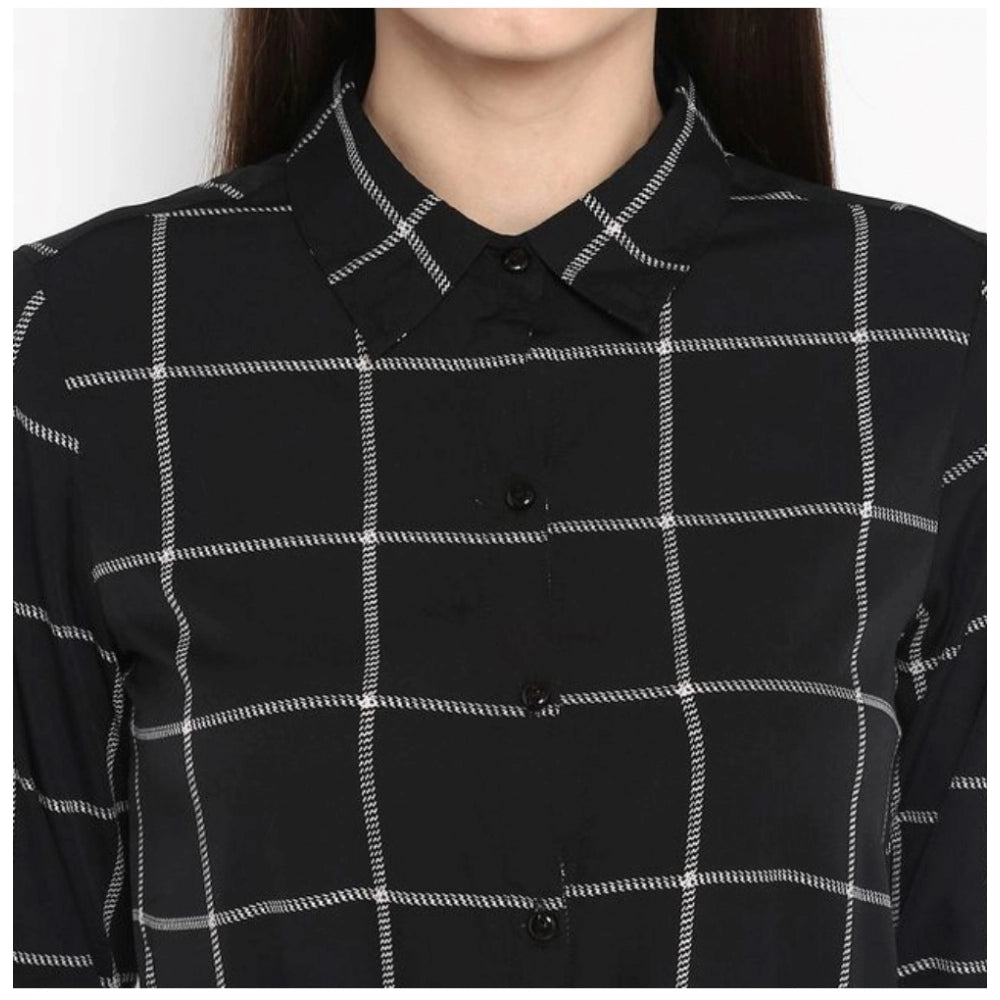 Vaystra Polyester Checkered Roll Up Sleeve Above Knee Dress – Black & White