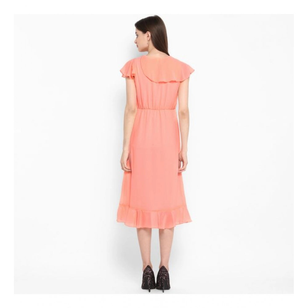 Vaystra Polyester Ruffled Cap Sleeve Below Knee Dress – Neon Pink