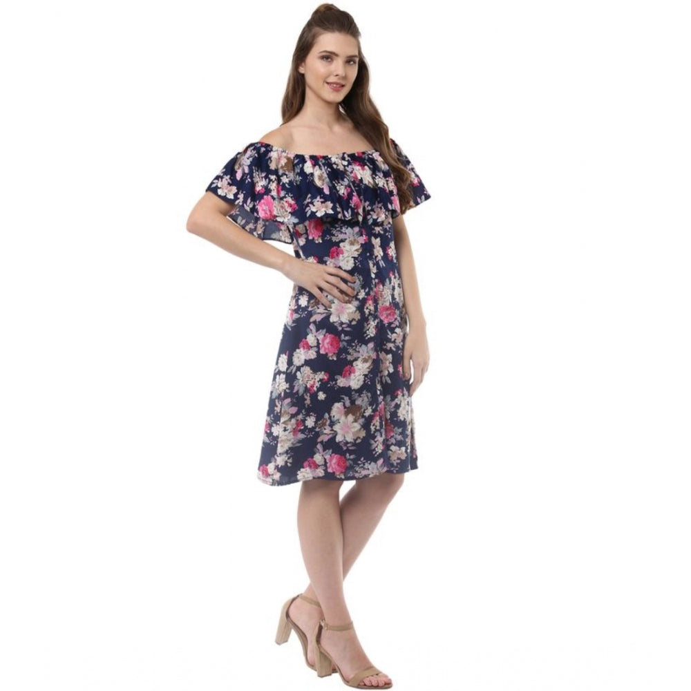 Vaystra Polyester Crepe Floral Half Sleeve Above Knee Dress – Navy Blue