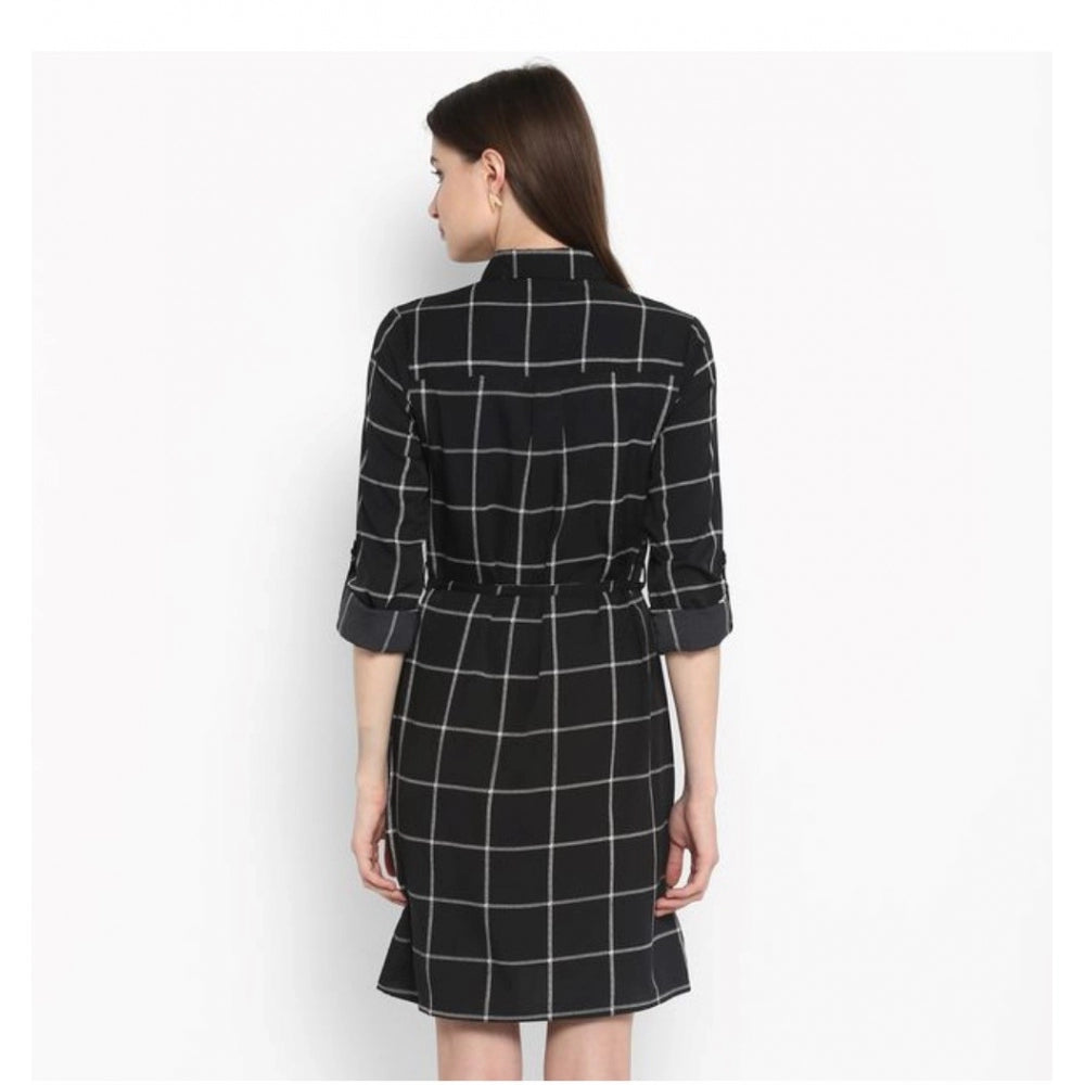 Vaystra Polyester Checkered Roll Up Sleeve Above Knee Dress – Black & White