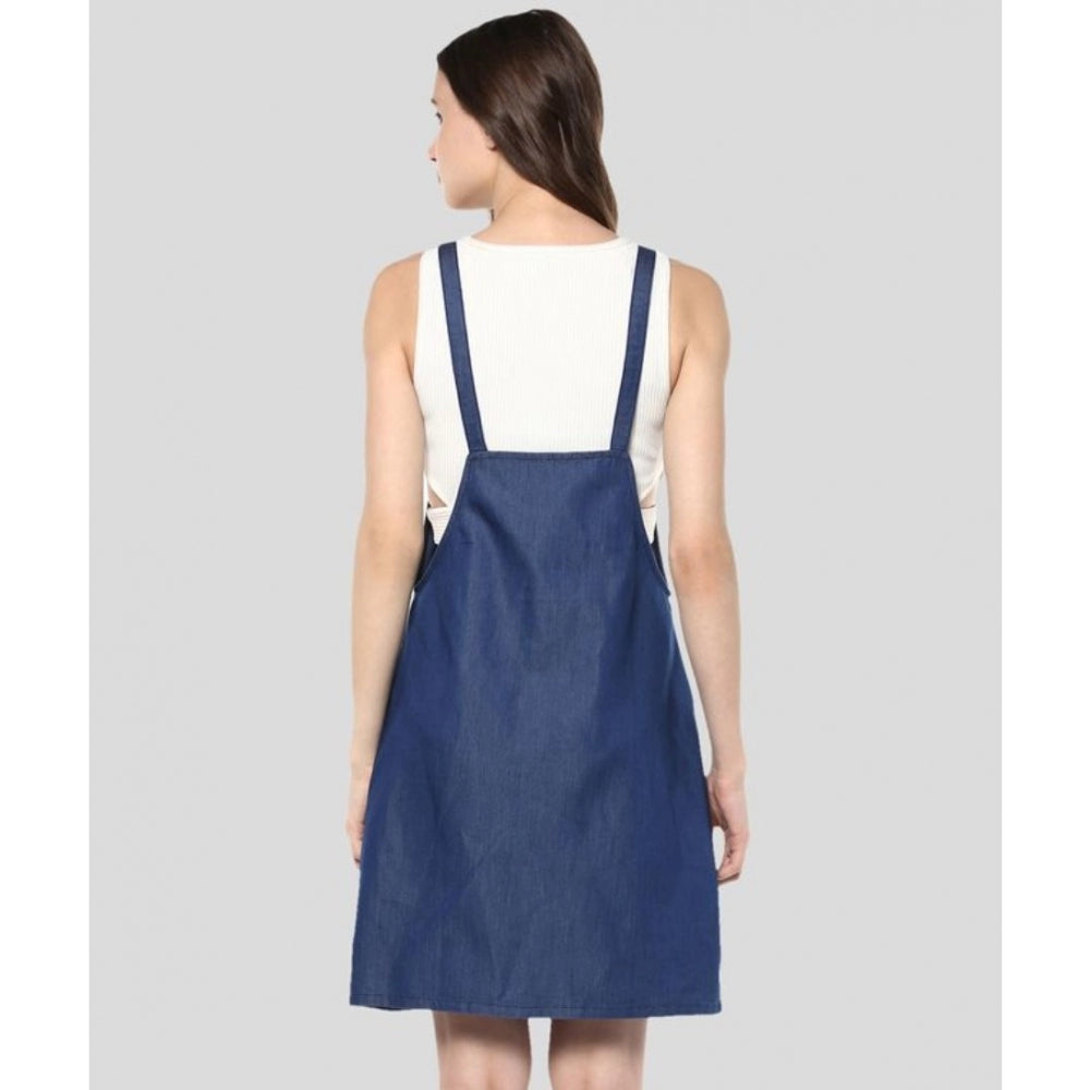 Vaystra Denim Solid Shoulder Straps Above Knee Dress – Blue