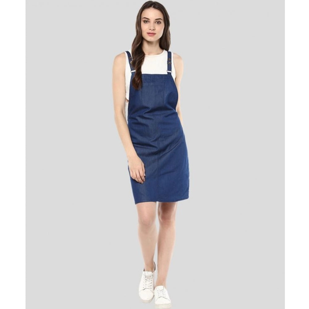 Vaystra Denim Solid Shoulder Straps Above Knee Dress – Blue