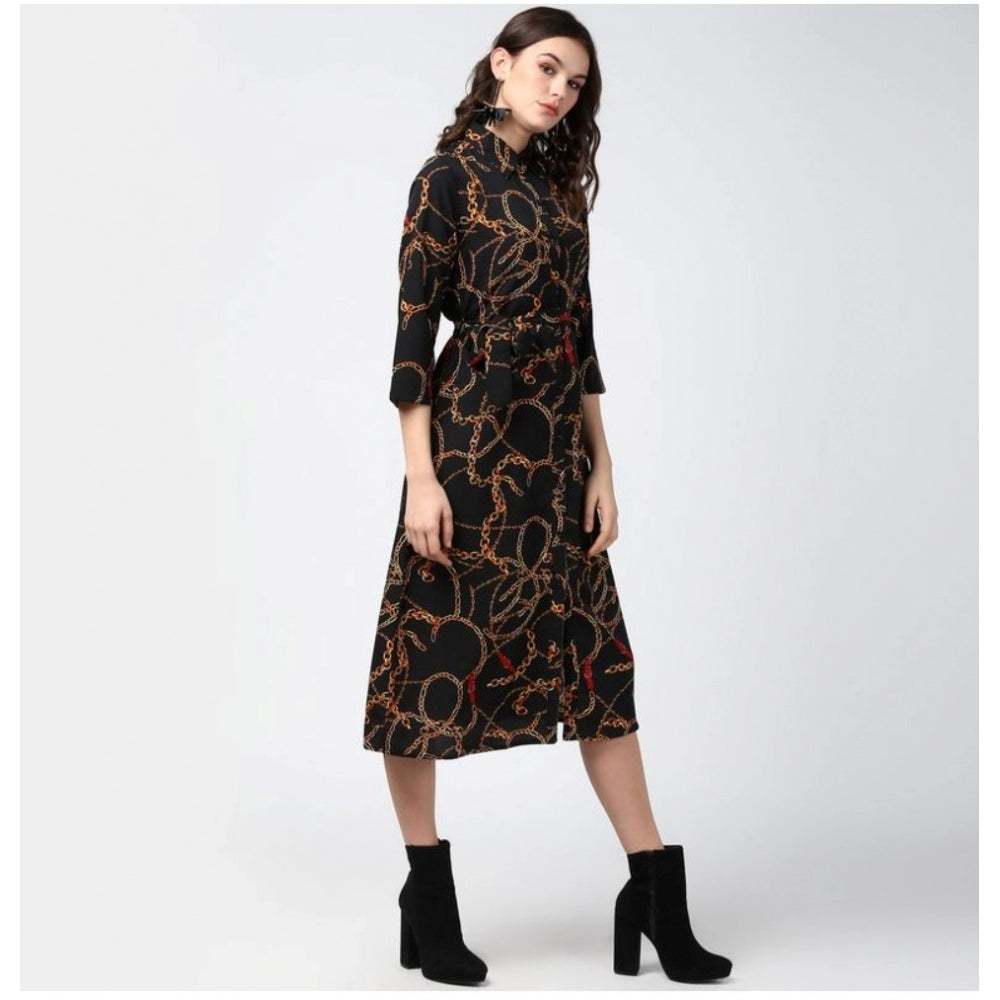 Vaystra Polyester Chain Print Roll Up Sleeve Below Knee Dress – Black & Yellow