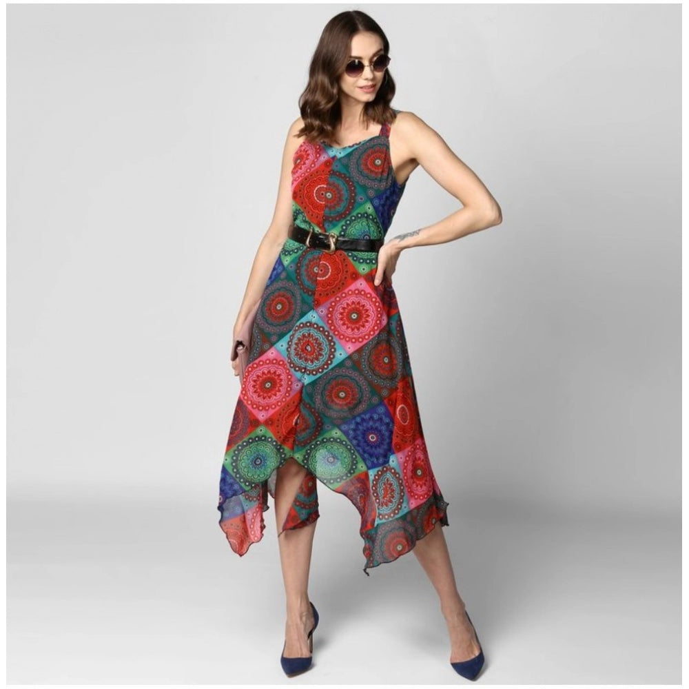 Vaystra Polyester Asymmetrical Shoulder Straps Knee-Length Dress – Multicolor