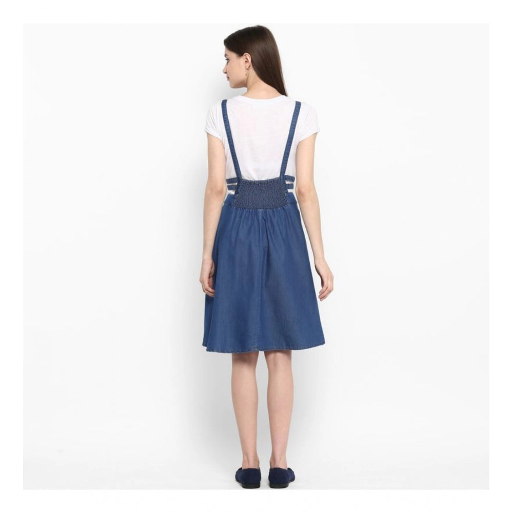 Vaystra Denim Solid Shoulder Straps Below Knee Dress – Blue
