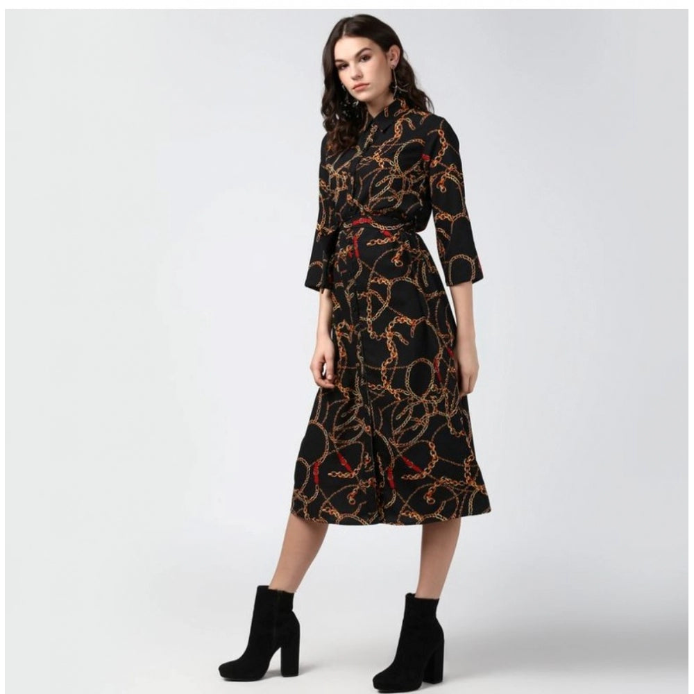 Vaystra Polyester Chain Print Roll Up Sleeve Below Knee Dress – Black & Yellow