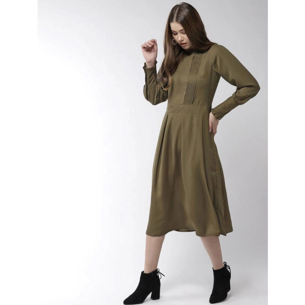 Vaystra Polyester Pintuck Long Sleeves Below Knee Dress – Olive