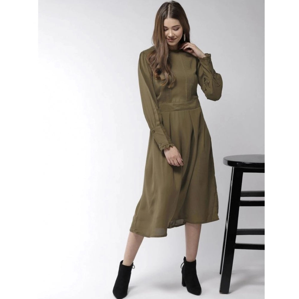 Vaystra Polyester Pintuck Long Sleeves Below Knee Dress – Olive
