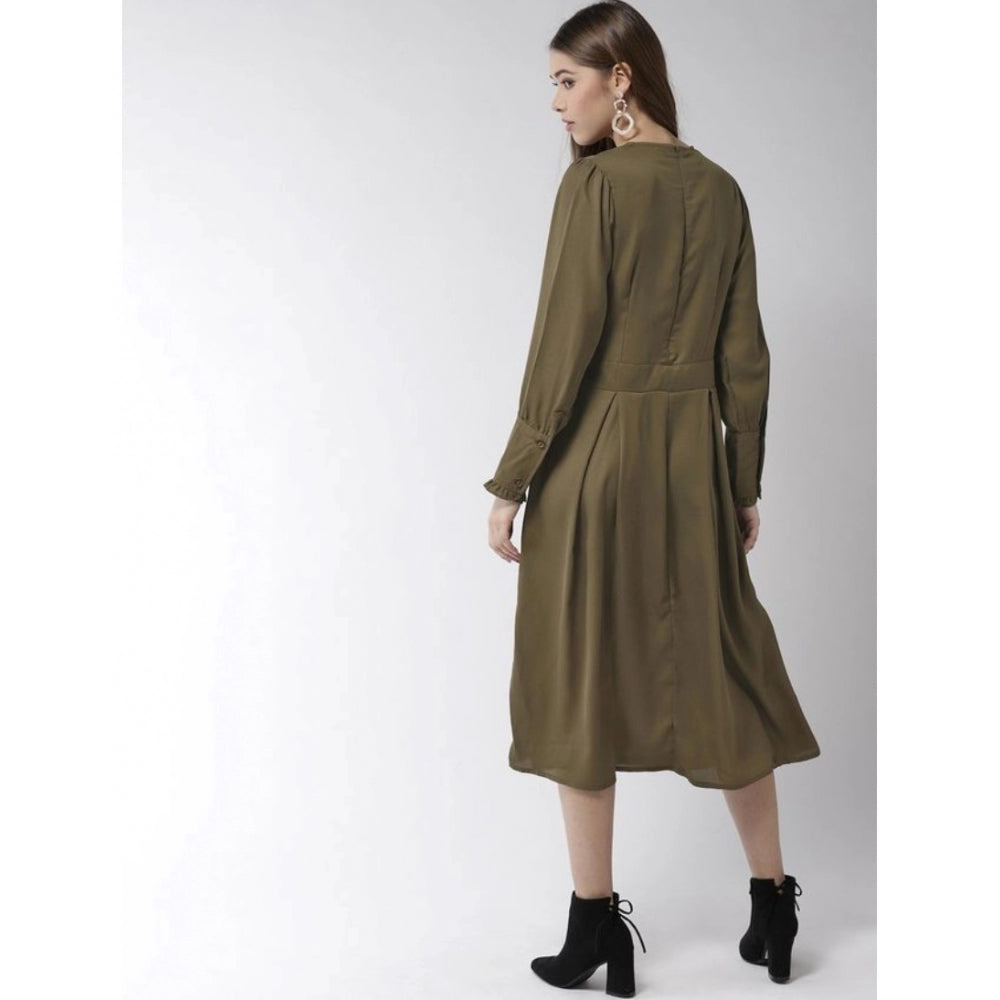 Vaystra Polyester Pintuck Long Sleeves Below Knee Dress – Olive