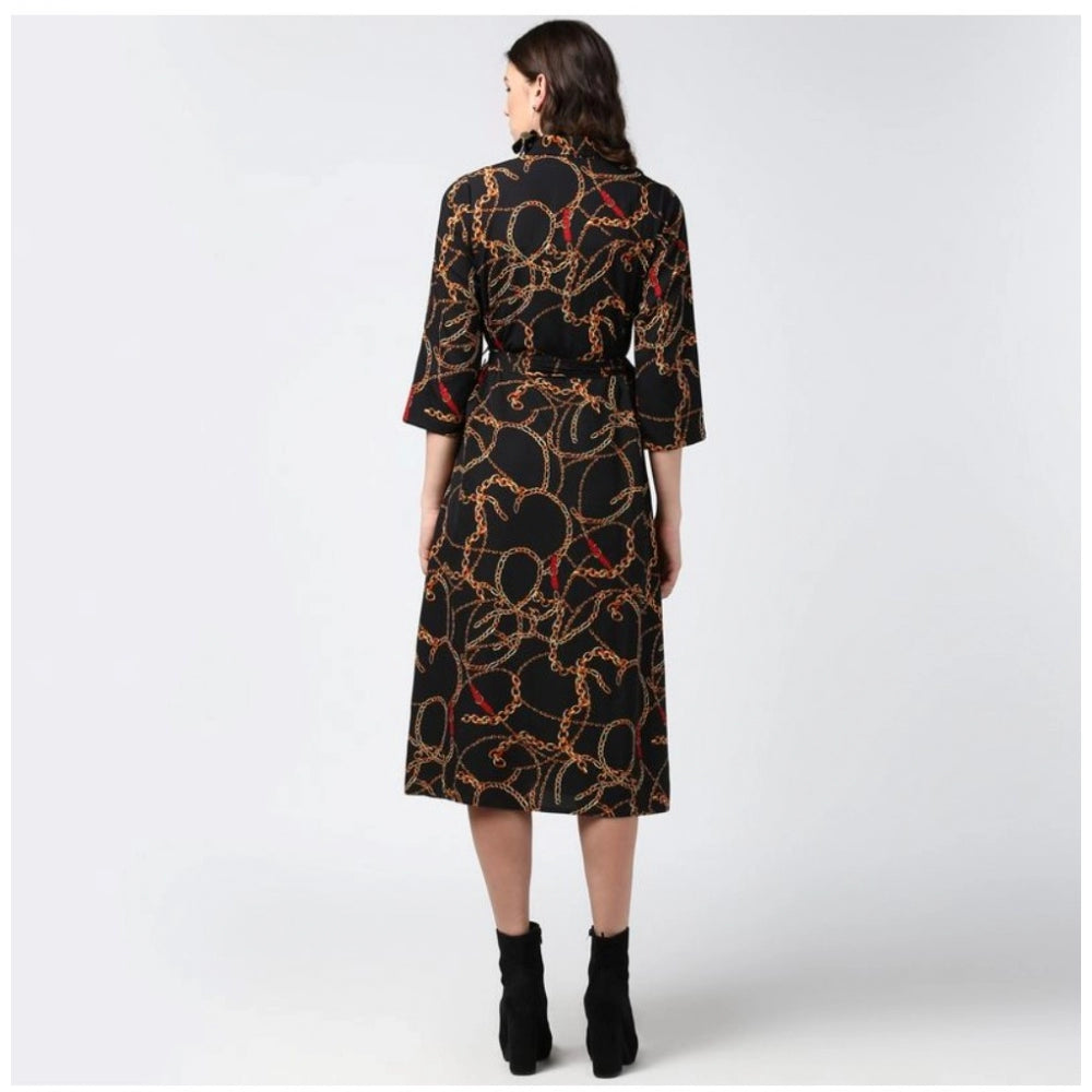 Vaystra Polyester Chain Print Roll Up Sleeve Below Knee Dress – Black & Yellow