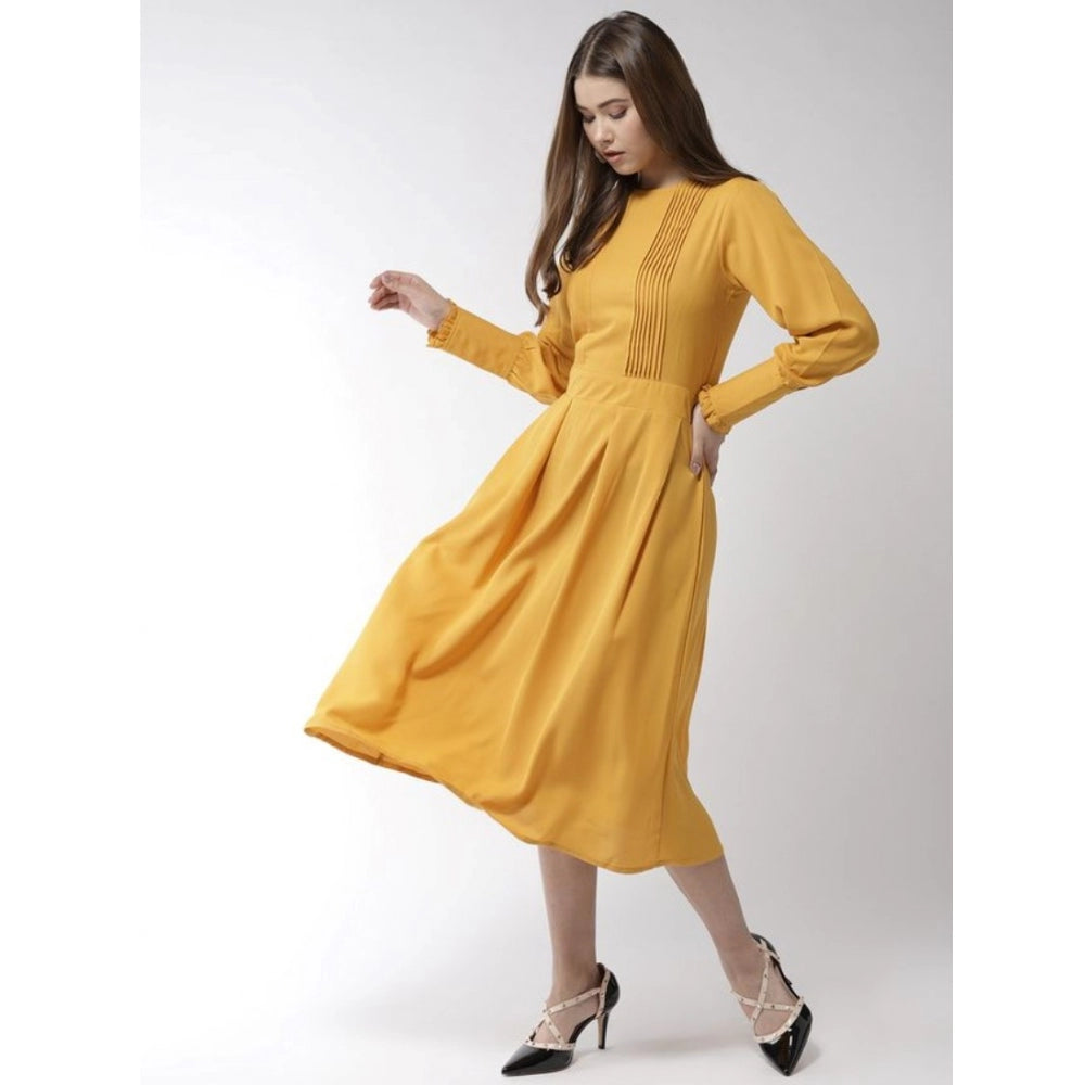 Vaystra Polyester Pintuck Long Sleeves Below Knee Dress – Yellow