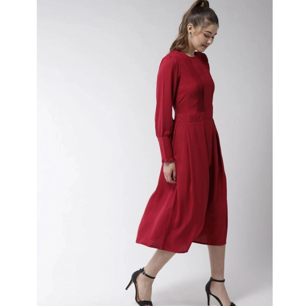 Vaystra Polyester Pintuck Long Sleeves Below Knee Dress – Red