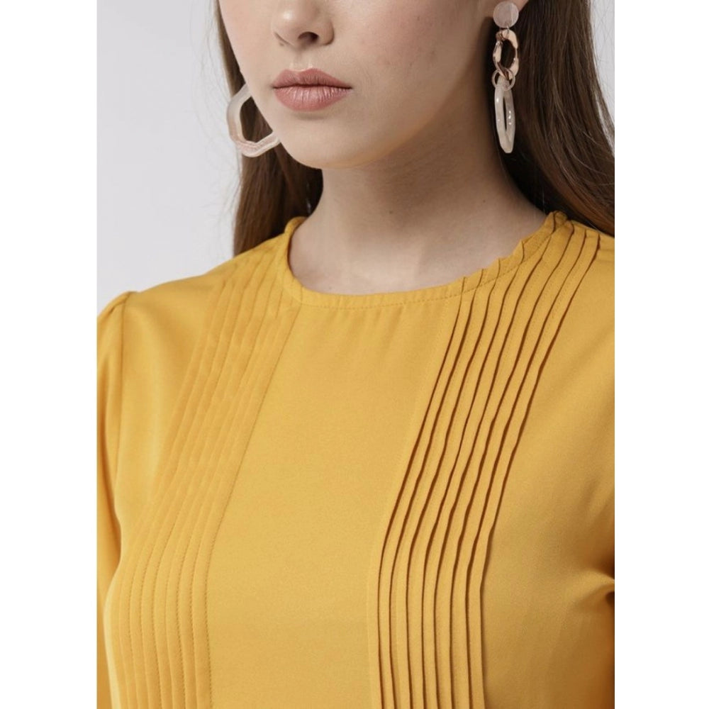 Vaystra Polyester Pintuck Long Sleeves Below Knee Dress – Yellow