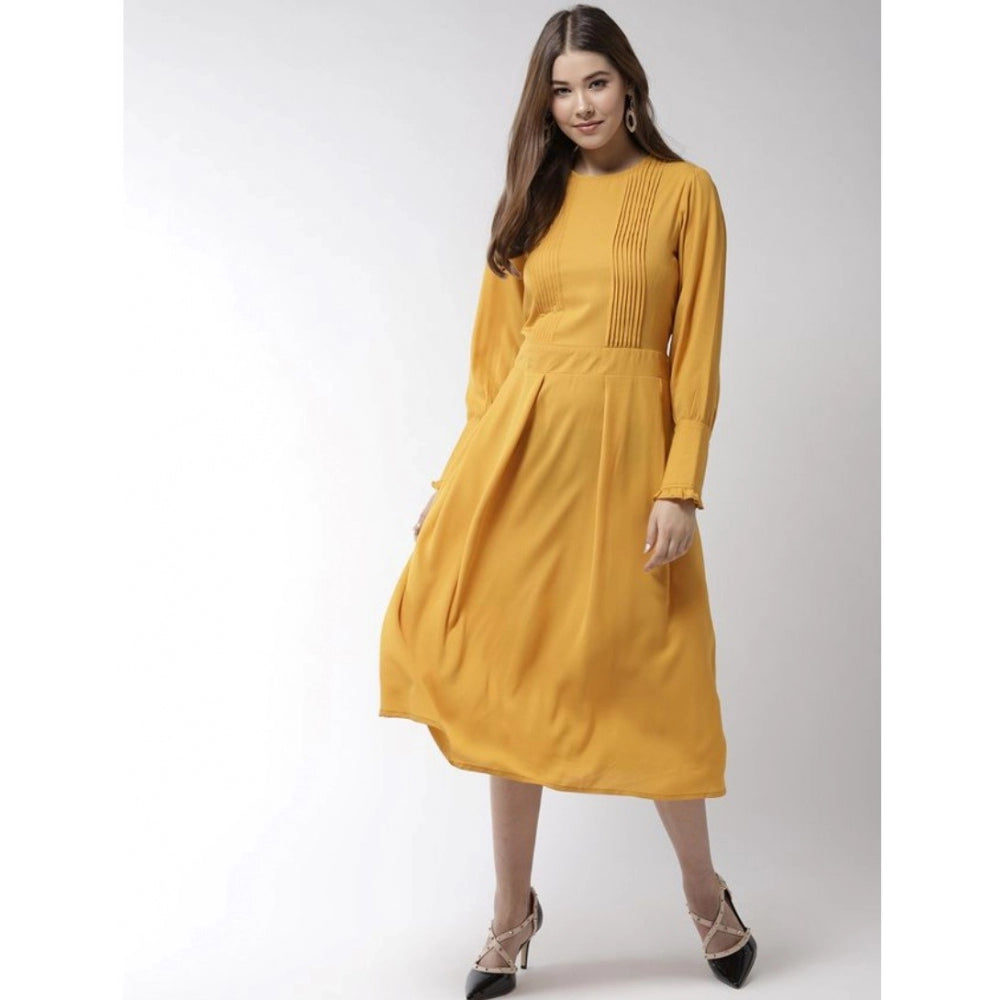 Vaystra Polyester Pintuck Long Sleeves Below Knee Dress – Yellow