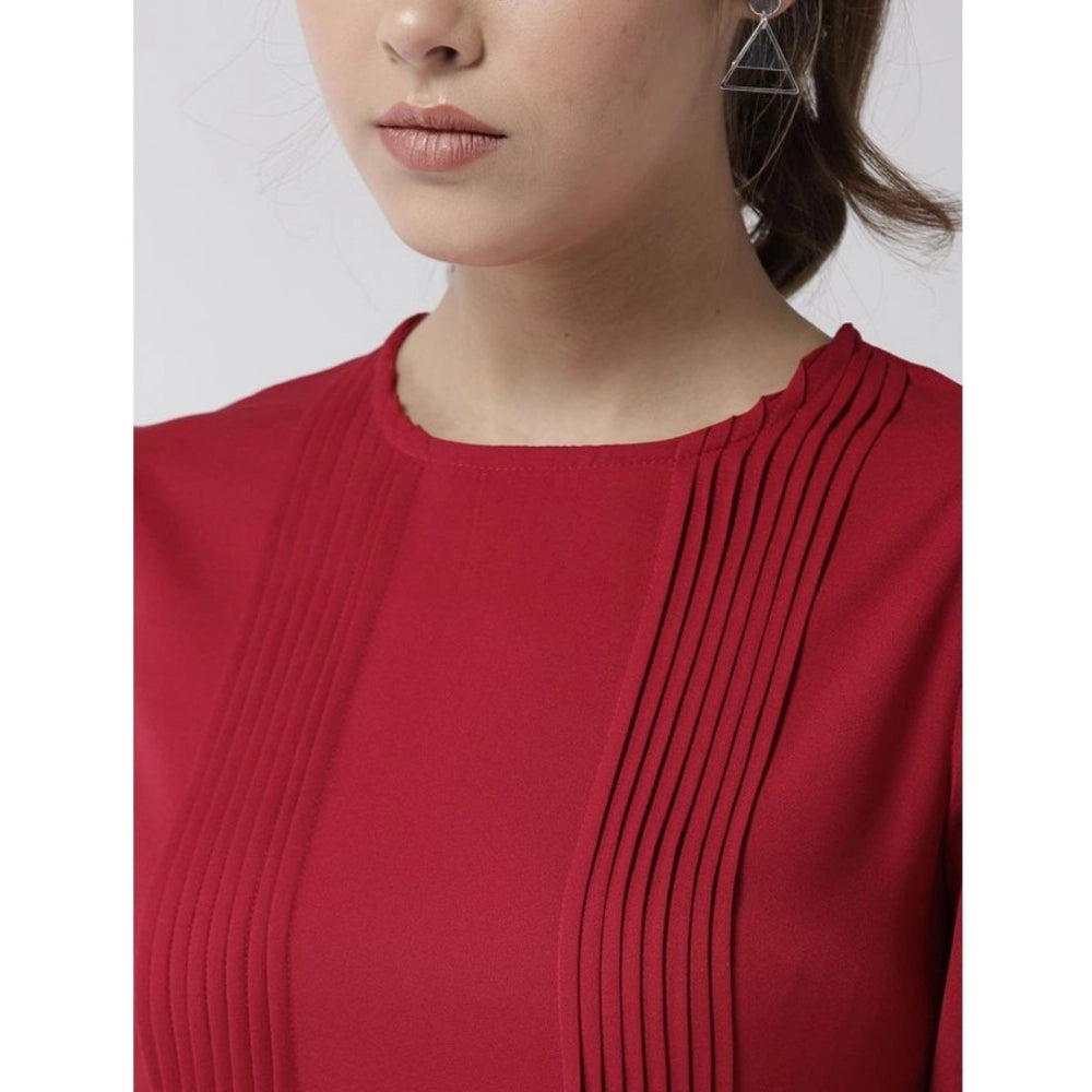 Vaystra Polyester Pintuck Long Sleeves Below Knee Dress – Red