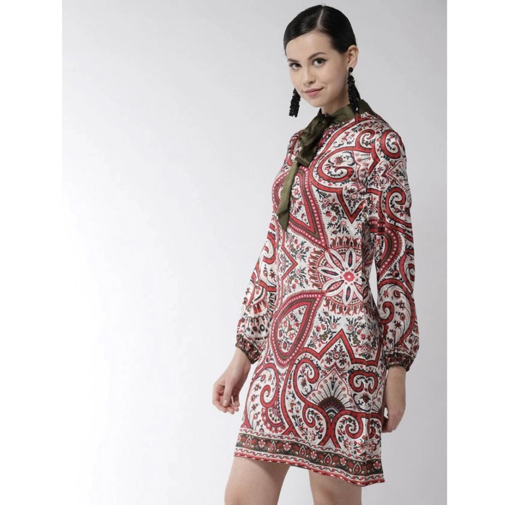 Vaystra Polyester Printed Long Sleeves Above Knee Dress – Red