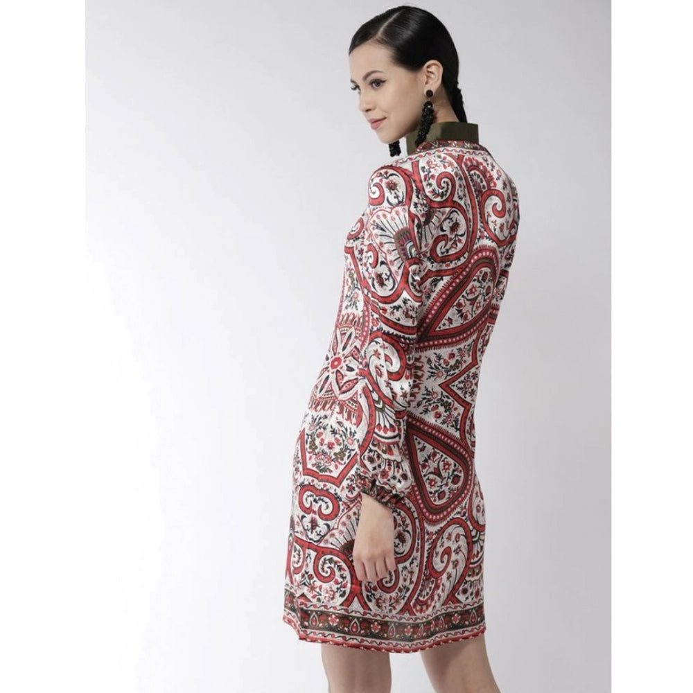 Vaystra Polyester Printed Long Sleeves Above Knee Dress – Red