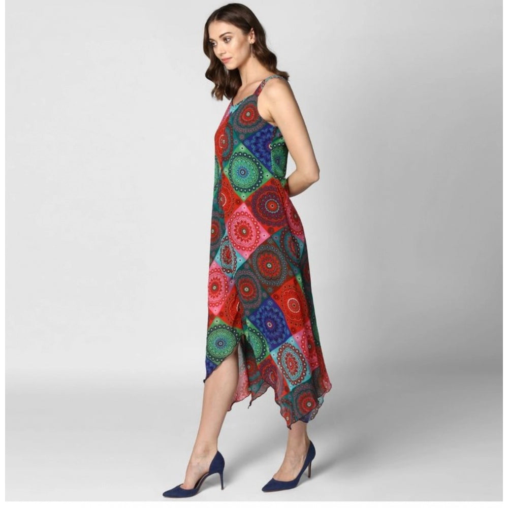 Vaystra Polyester Asymmetrical Shoulder Straps Knee-Length Dress – Multicolor