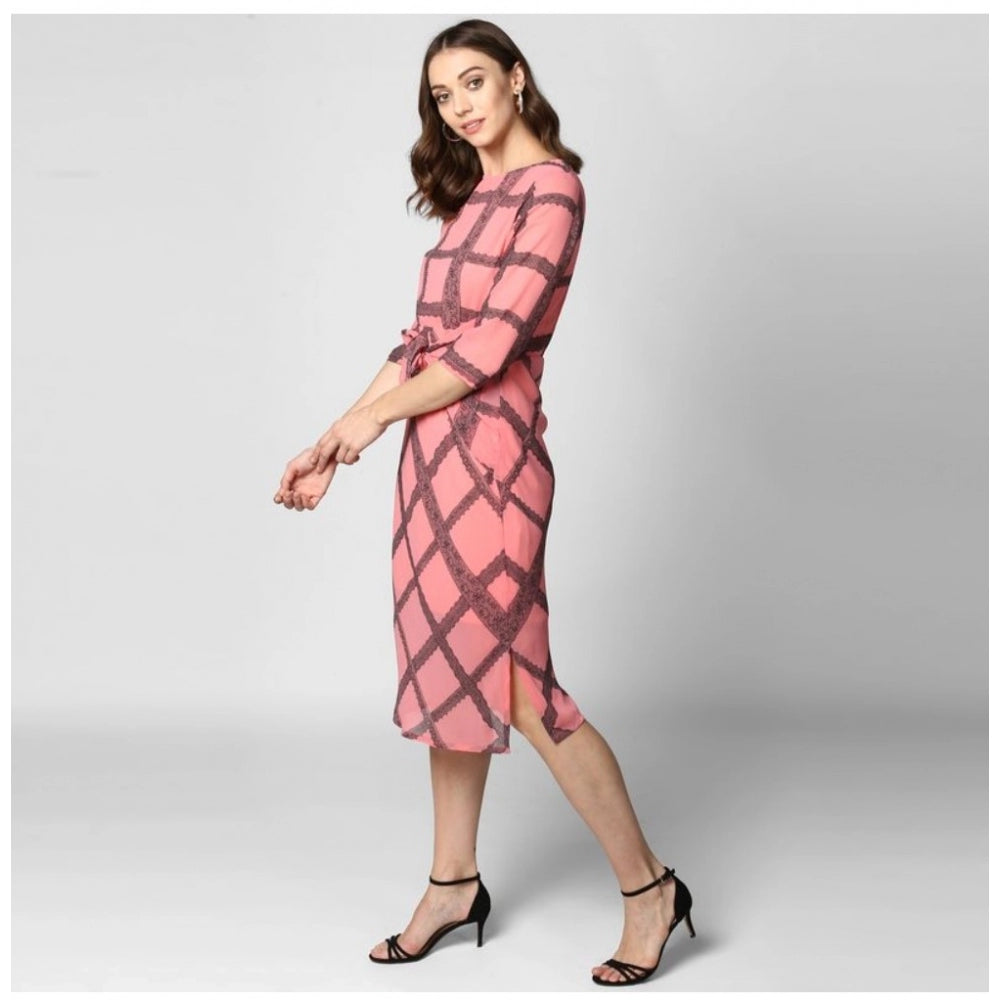 Vaystra Polyester Checkered 3-4th Sleeves Below Knee Dress – Pink & Black